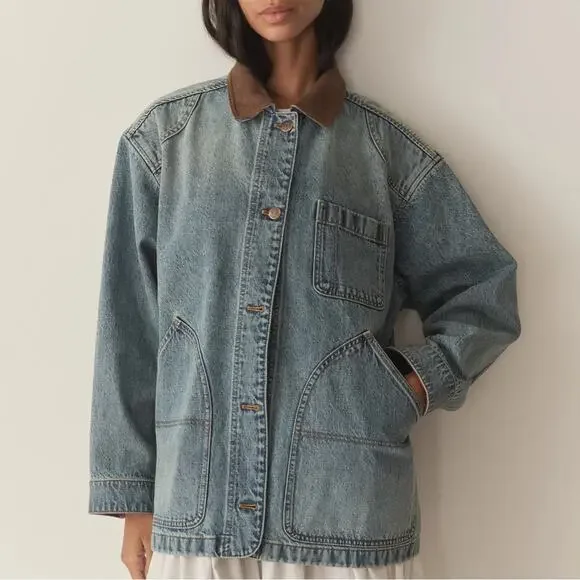 NWT Doen Pascual Cotton Denim Jean Corduroy Collar Barn Jacket Deveraux Wash - Picture 1 of 15